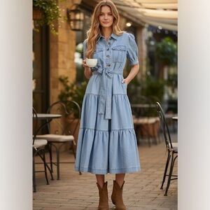 Elan Cotton Denim Tiered Shirt Dress XS Button Front A Line Puff Sleeve Blue